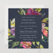 ネイビーイエロー赤面ブルゴーニュフローラバンチ結婚ーズ 招待状 (正面/裏面)