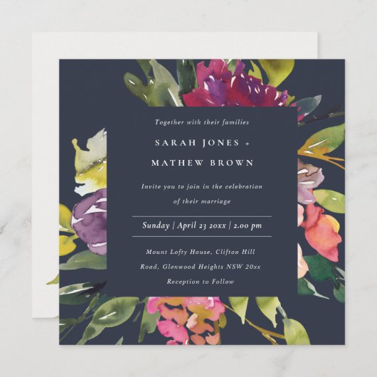 ネイビーイエロー赤面ブルゴーニュフローラバンチ結婚ーズ 招待状 (正面/裏面)