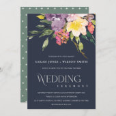 ネイビーイエロー赤面ブルゴーニュフローラバンチ結婚ーズ 招待状 (正面/裏面)