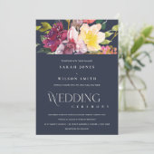 ネイビーイエロー赤面ブルゴーニュフローラバンチ結婚ーズ 招待状 (スタンド正面)