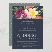 ネイビーイエロー赤面ブルゴーニュフローラバンチ結婚ーズ 招待状 (正面/裏面)