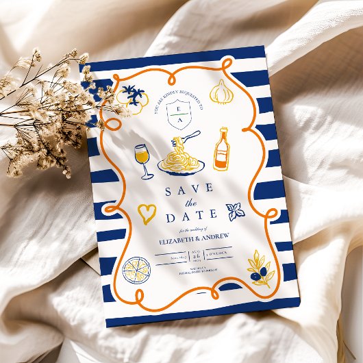 ネイビーイタリアンフードズ結婚ドードル セーブザデート