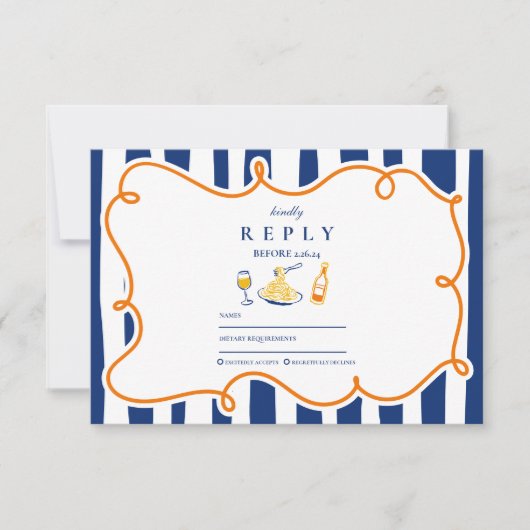 ネイビーイタリアンフードズ結婚ドードル 出欠カード (正面)