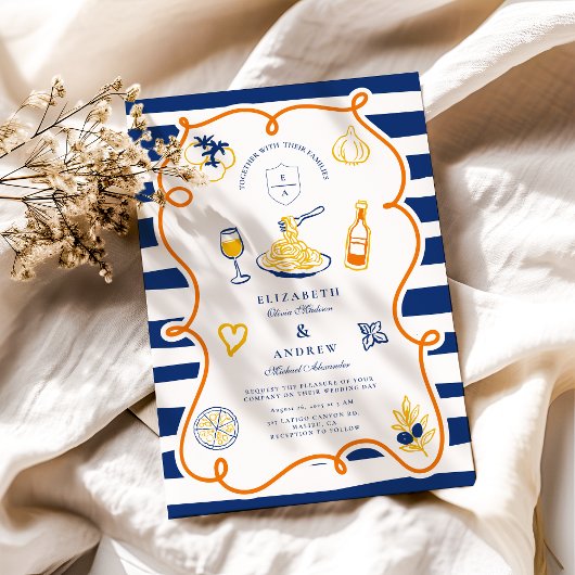 ネイビーイタリアンフードズ結婚ドードル 招待状