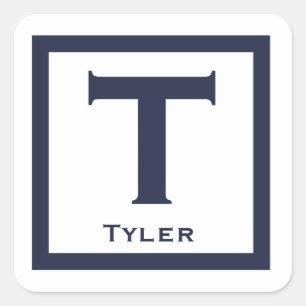 ネイビーイニシャル名キッズボーイパーティー新学期 スクエアシール