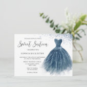 ネイビーインディゴグリッタードレスガウン甘い16パーティー 招待状 (スタンド正面)