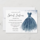 ネイビーインディゴグリッタードレスガウン甘い16パーティー 招待状 (正面)