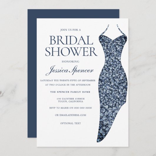 ネイビーインディゴブルースパークルドレスブライダルシャワー 招待状 (正面/裏面)