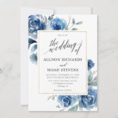 ネイビーインディゴブルーフローラモダンエレガントな結婚式 招待状 (正面)