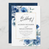 ネイビーインディゴブルーフローラモダンエレガントな結婚式 招待状 (正面/裏面)