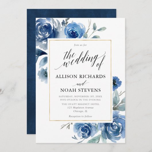 ネイビーインディゴブルーフローラモダンエレガントな結婚式 招待状 (正面/裏面)