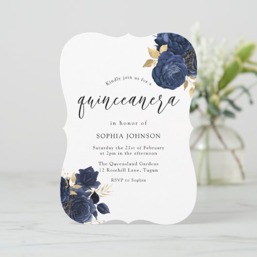 ネイビーインディゴブルーフローラ金ゴールドリーフキンセアニェラ 招待状 (スタンド正面)