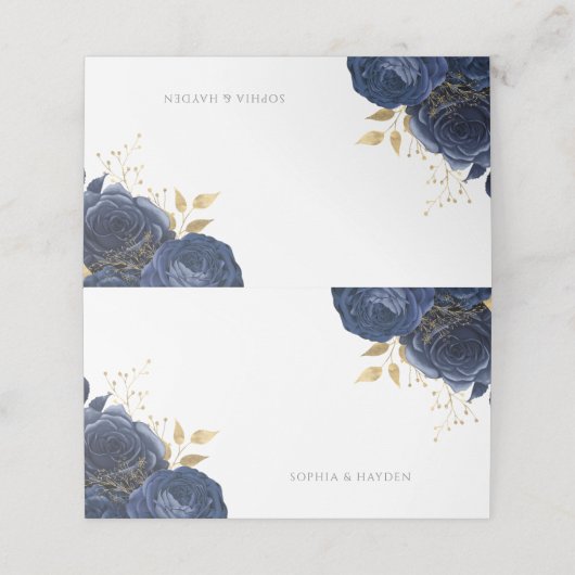 ネイビーインディゴブルー&金ゴールドフローラすべてのイベント結婚ズ プレイスカード (外部開封)