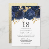 ネイビーインディゴブルー&金ゴールドフローラ18thバースデーパーティー 招待状 (正面/裏面)