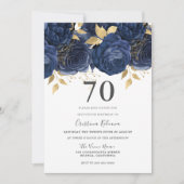 ネイビーインディゴブルー&金ゴールドフローラ70thバースデーパーティー 招待状 (正面)