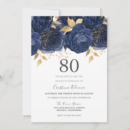 ネイビーインディゴブルー&金ゴールドフローラ80thバースデーパーティー 招待状 (正面)