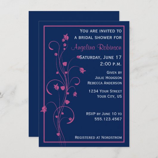 ネイビーウィズピンクフローラデザインブライダルシャワーインビタ 招待状 (正面/裏面)