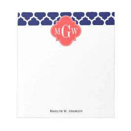ネイビーウィットモロッココーラルレッド3イニシャルモノグラム ノートパッド