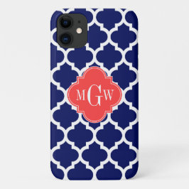 ネイビーウィットモロッココーラルレッド3イニシャルモノグラム iPhone 11 ケース