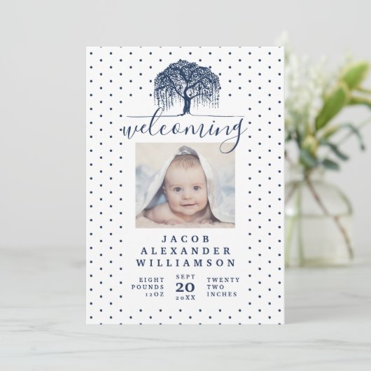 ネイビーウィローファミリーツリーベビー誕生のお知らせ 案内状 (スタンド正面)