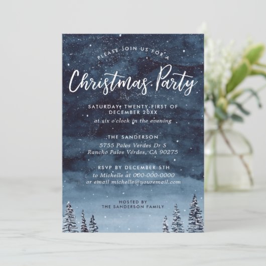 ネイビーウィンターウォーターカラークリスマスディナーパーティー 招待状 (スタンド正面)