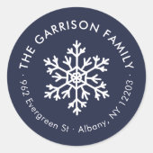 ネイビーウィンタースノーフレークラウンド差出人住所ラベル ラウンドシール (正面)