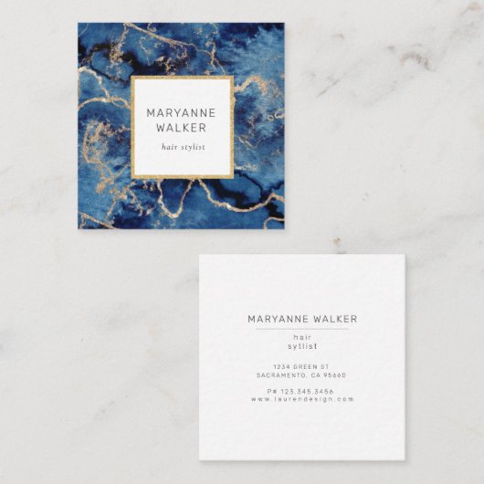 ネイビーウェーブ金ゴールドサロンヘアスタイリストエレガント スクエア名刺 (正面/裏面)