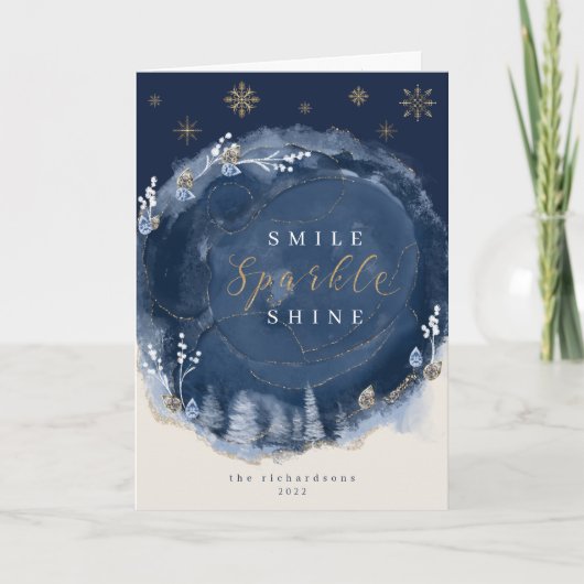 ネイビーウォーターカラーインク&ジュエリーウィンターナイトホリデー カード (正面)