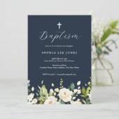 ネイビーウォーターカラーニュートラル花模様バプテスマ 招待状 (スタンド正面)