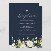 ネイビーウォーターカラーニュートラル花模様バプテスマ 招待状 (正面/裏面)