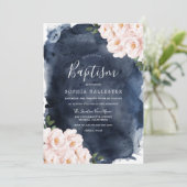 ネイビーウォーターカラービューティフル赤面フローラバプテスマ 招待状 (スタンド正面)