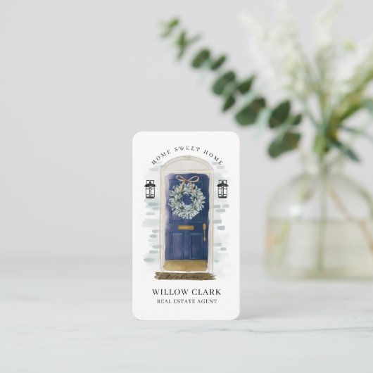 ネイビーウォーターカラーフロントドアリース実在エテート 名刺 (スタンド正面)