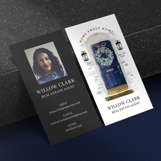 ネイビーウォーターカラーフロントドアリース実在エテート 名刺