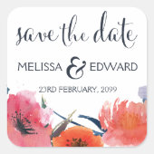 ネイビーウォーターカラーフローラセーブ・ザ・デート案内 スクエアシール (正面)