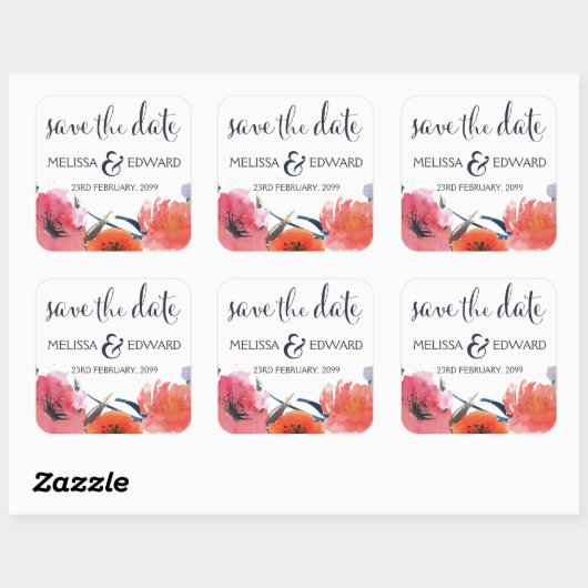 ネイビーウォーターカラーフローラセーブ・ザ・デート案内 スクエアシール (シート)