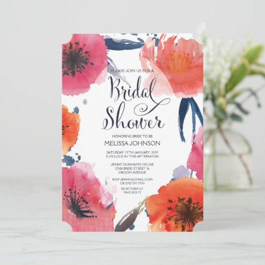 ネイビーウォーターカラーフローラブライダルシャワー招待状 招待状 (スタンド正面)