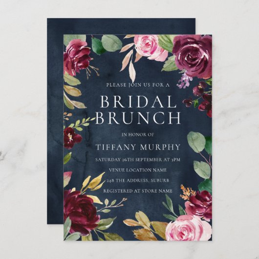 ネイビーウォーターカラーフローラリースブライダルシャワーブランチ 招待状 (正面/裏面)