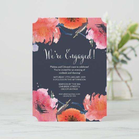 ネイビーウォーターカラーフローラ婚約パーティ招待状 招待状 (スタンド正面)