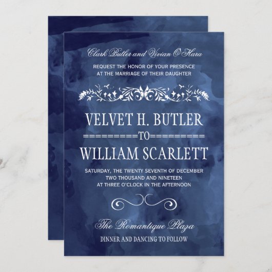 ネイビーウォーターカラーボヘミアンウェディング招待状 招待状 (正面/裏面)