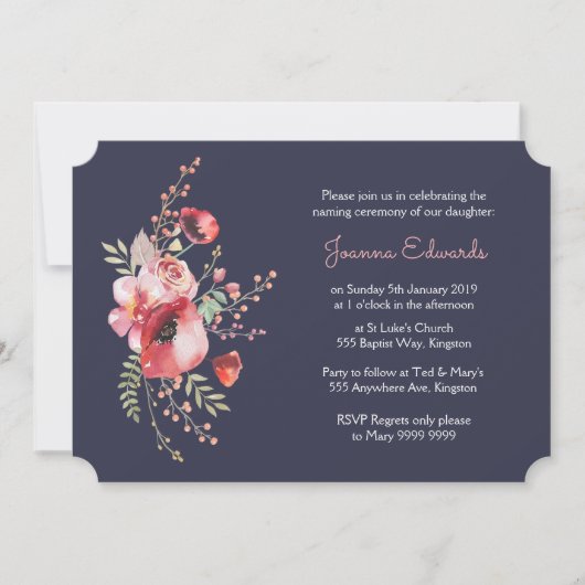 ネイビーウォーターカラーポピー命名式招待状 招待状 (正面)