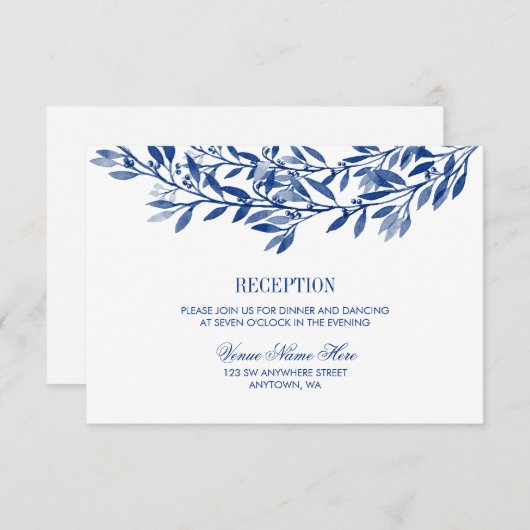 ネイビーウォーターカラーローレルリースウェディングレセプション 招待状 (正面/裏面)