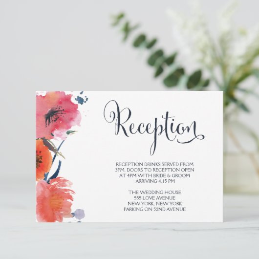 ネイビーウォーターフローラウェディングレセプションカード エンクロージャーカード (スタンド正面)