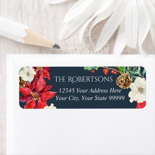ネイビーウォーター色のフローラクリスマス |差出人住所 ラベル (インサイチュ)