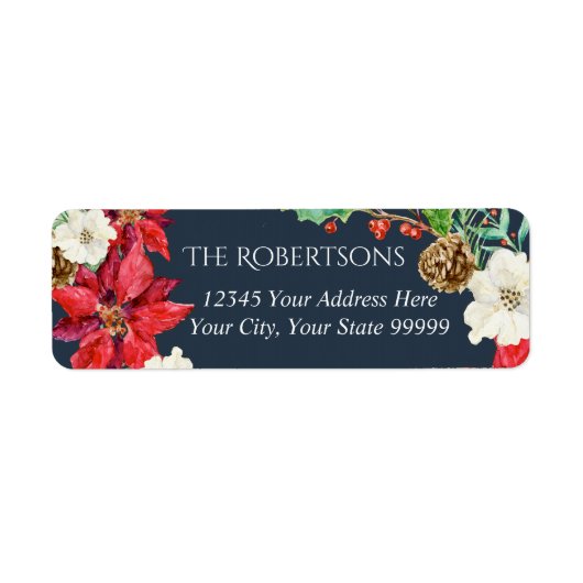 ネイビーウォーター色のフローラクリスマス |差出人住所 ラベル (正面)
