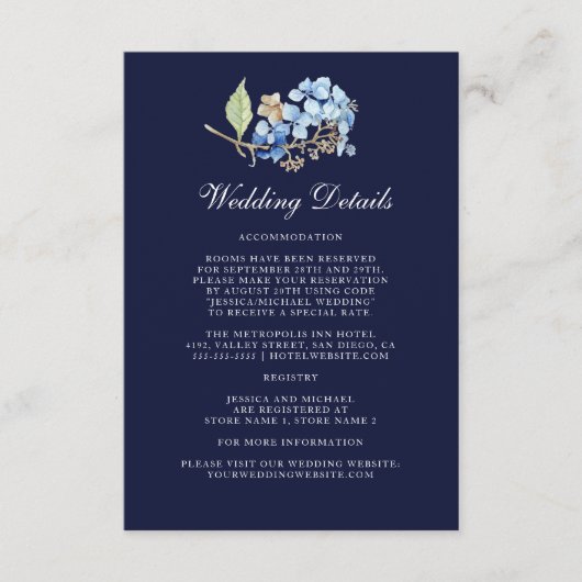 ネイビーウォーター色フローラアジサイ結婚ズ詳細 エンクロージャーカード (正面)