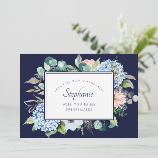 ネイビーウォーター色フローラブルーアジサイ花嫁 招待状 (スタンド正面)