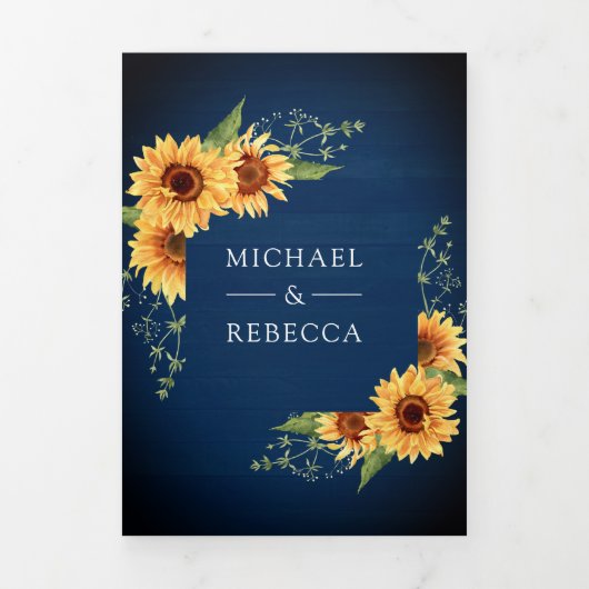 ネイビーウッドサンフラワーフォトアーチQRコード結婚ズ 三つ折り招待状 (カバー)