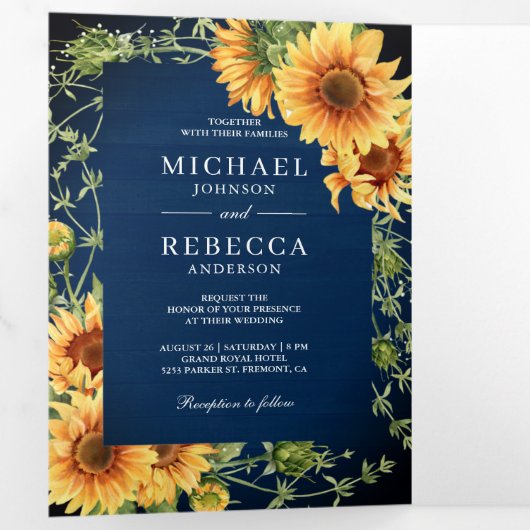 ネイビーウッドサンフラワーフォトアーチQRコード結婚ズ 三つ折り招待状 (内部最初)