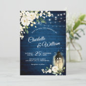 ネイビーウッド&ホワイトローズランタンウォーターカラー結婚ズ 招待状 (スタンド正面)