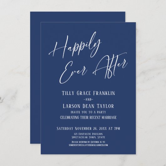 ネイビーエレガントな結婚式のパーティーの後に幸せに 招待状 (正面/裏面)
